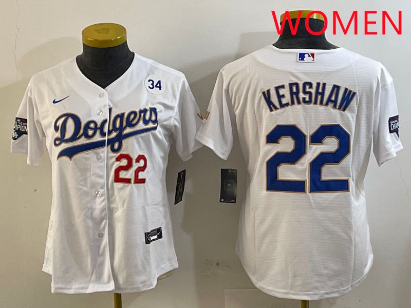 Women Los Angeles Dodgers #22 Kershaw White Gold Game 2025 Nike MLB Jersey style 6